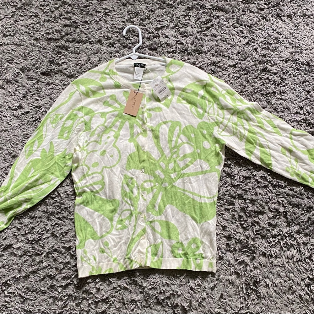 J Crew Hand Printed Green Lightweight sweater womens large